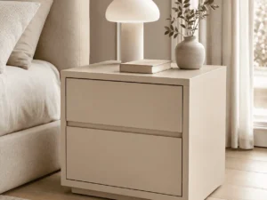 Minimalist beige nightstand with two-drawer storage for modern bedrooms