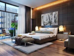 modern apartment bedroom with engineered wood furniture, stylish and space-efficient