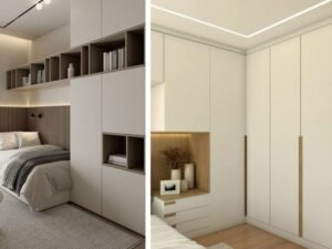 modern bedroom wardrobe closet with sliding doors and wood accents