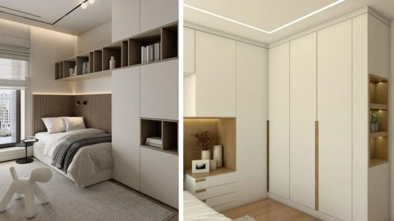 modern bedroom wardrobe closet with sliding doors and wood accents