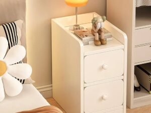 slim modern white night stand with 2 drawers beside bed