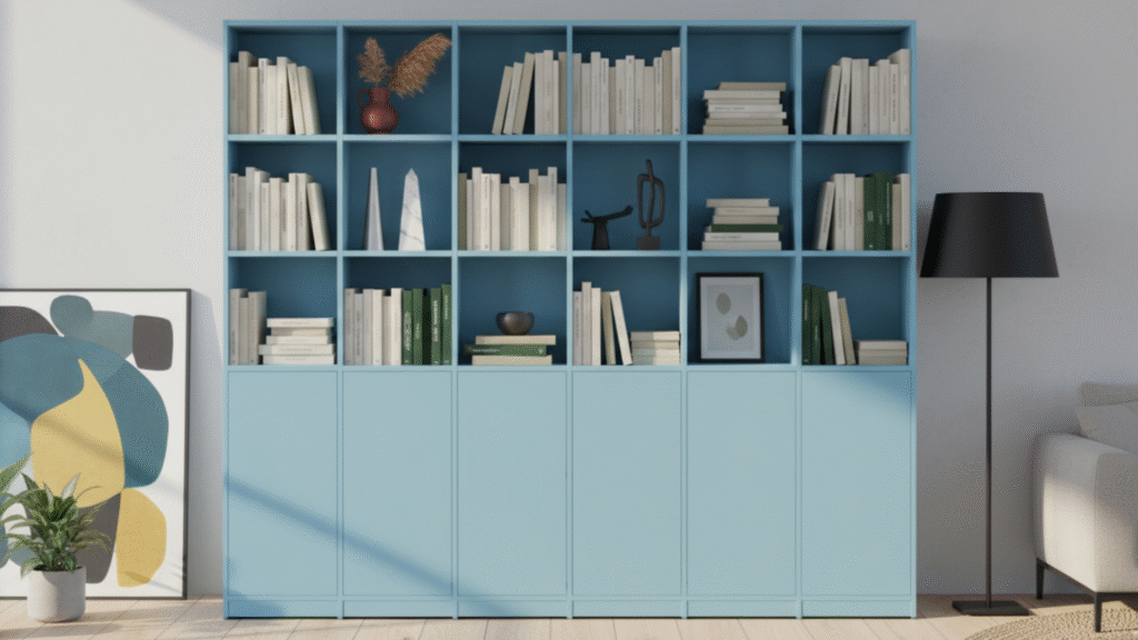 Tall white-and-oak bookcase with adjustable shelves in a modern EU apartment living room