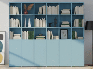 Tall white-and-oak bookcase with adjustable shelves in a modern EU apartment living room
