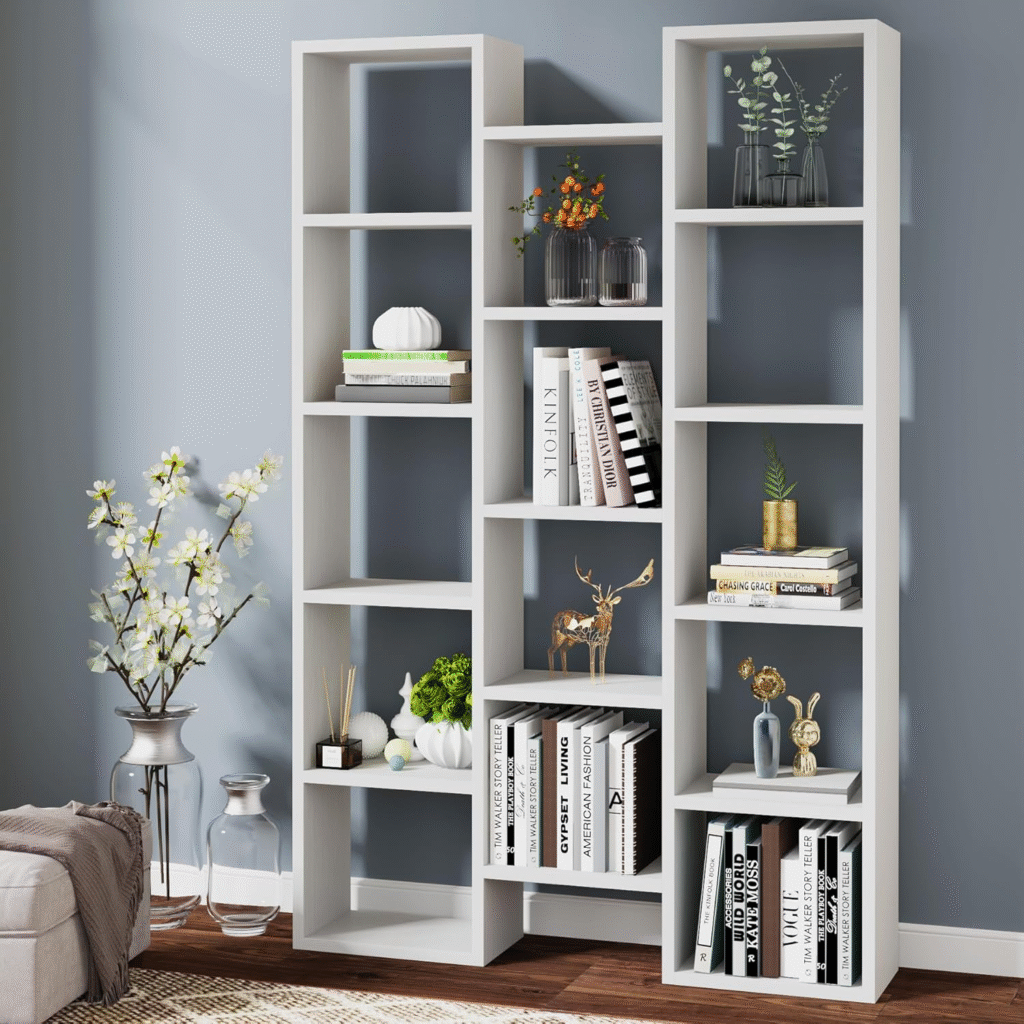 Tall freestanding bookcase with adjustable shelves in a UK living room setting (RTA/flat pack)