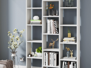 Tall freestanding bookcase with adjustable shelves in a UK living room setting (RTA/flat pack)