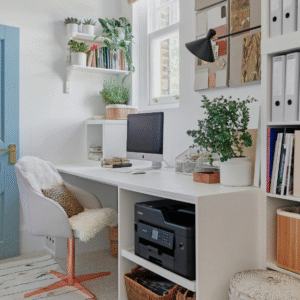 Compact white built-in home office desk with shelves and printer storage, styled with plants and files; bright small-room workspace near a window.