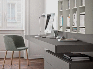 Modern floating home office desk with storage wall shelving, minimalist home office table and office furniture for home workspace