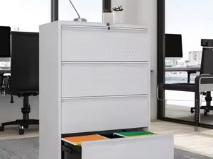Deep filing drawer on storage filing cabinet tower with soft-close upgrade option