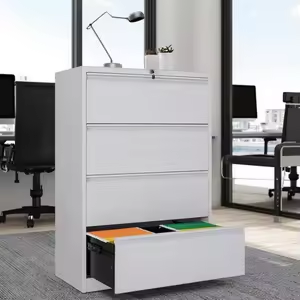 Deep filing drawer on storage filing cabinet tower with soft-close upgrade option
