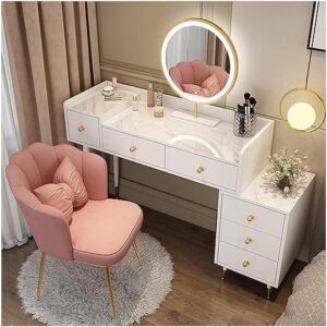 Modern vanity dressing table styled in bedroom with chair and decor