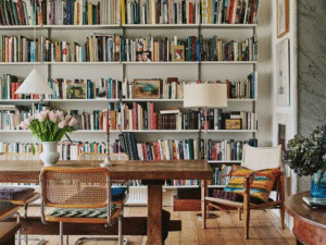 Modern bookcase and book shelving in a minimalist apartment interior designed for GCC buyers