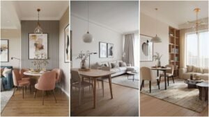 modern dining room furniture set in a small open-plan living and kitchen space