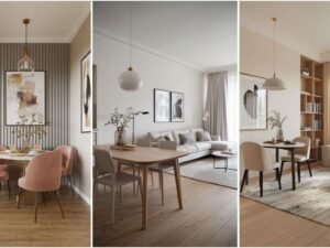 modern dining room furniture set in a small open-plan living and kitchen space