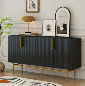 Narrow fluted black sideboard cabinet with gold metal legs, slim buffet sideboard for hallway or dining room corridor clearance