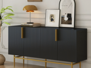 Narrow fluted black sideboard cabinet with gold metal legs, slim buffet sideboard for hallway or dining room corridor clearance