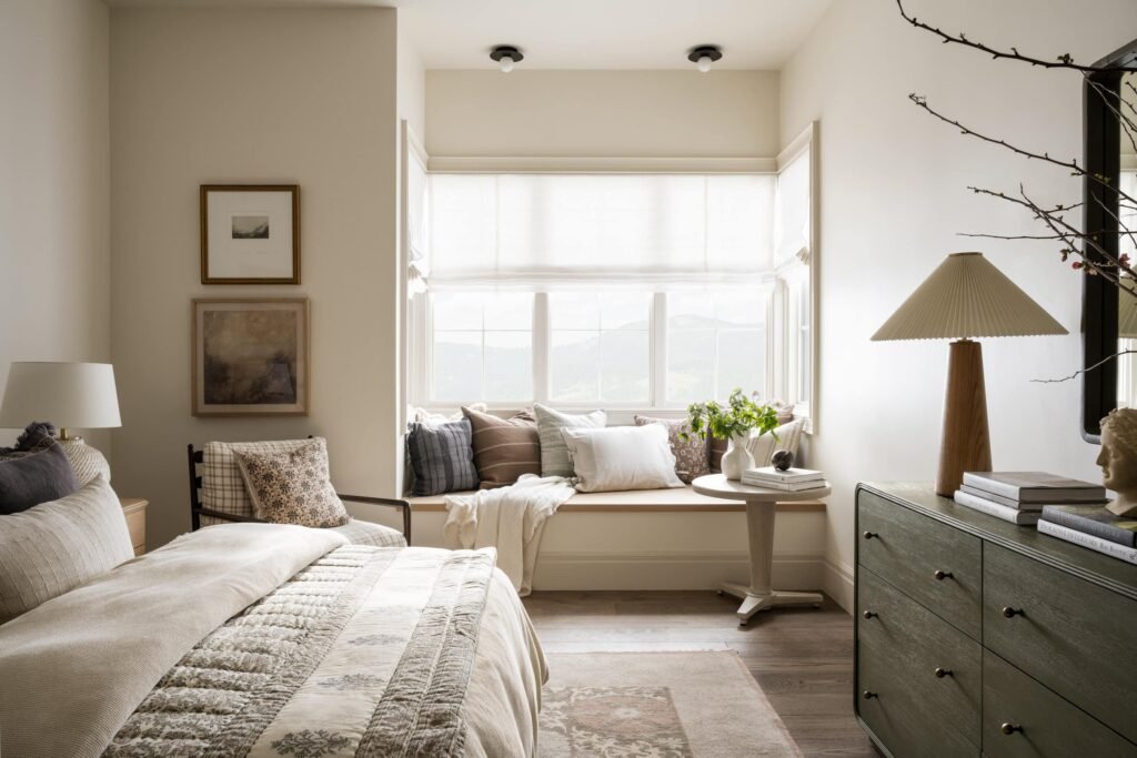 Modern Scandinavian bedroom with a floating night stand and minimalist decor.
