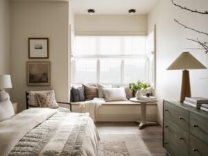 Modern Scandinavian bedroom with a floating night stand and minimalist decor.