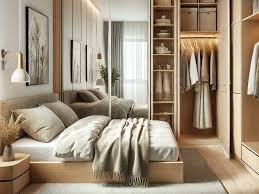 plywood wardrobe in apartment bedroom, space-saving design