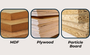 Close-up of plywood, MDF, and particleboard panels used for RTA bookcase manufacturing