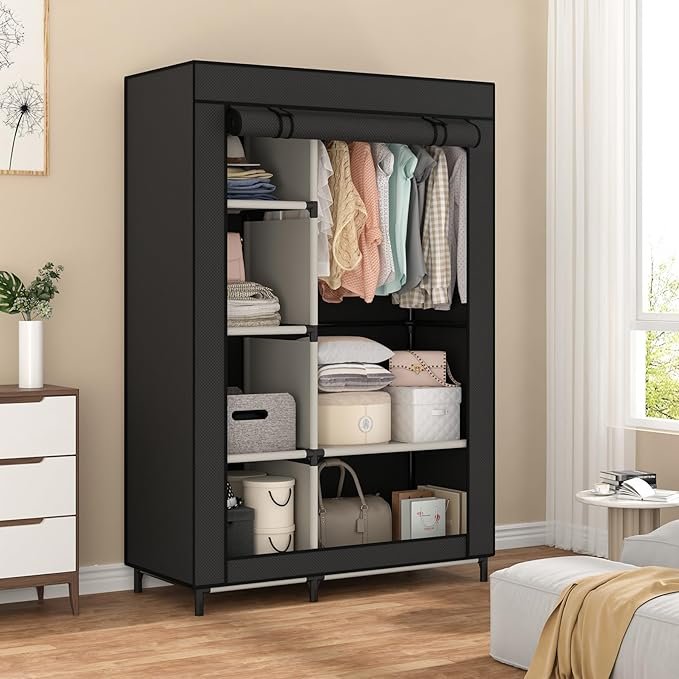 portable flat-pack wardrobe closet in a rental apartment bedroom