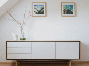 Modern sideboard cabinet with light wood frame and white drawers and doors, minimalist buffet sideboard for dining room storage