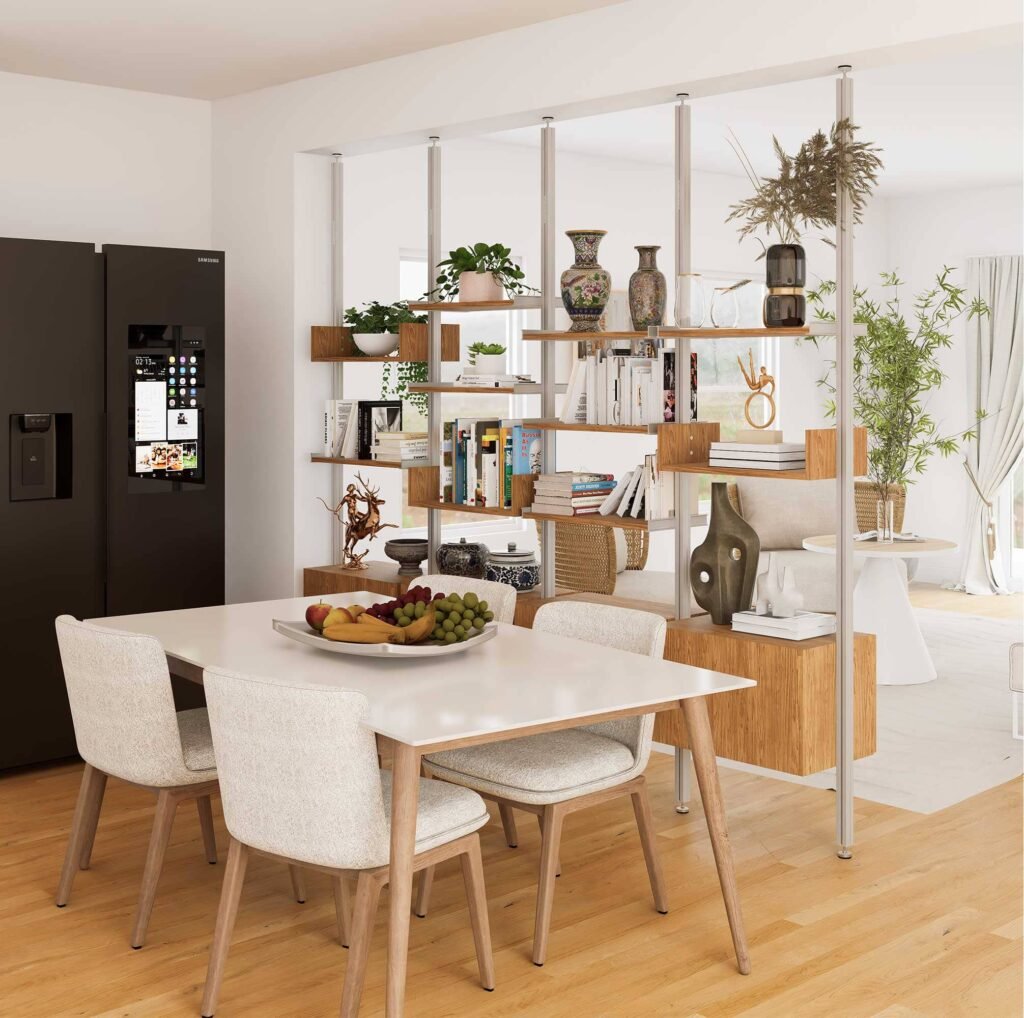 slim dining room sideboard with hidden storage used to divide the dining area from the living room