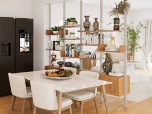 modern dining room table set with upholstered chairs and slim sideboard room divider