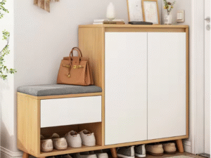 wo-tone entryway furniture shoe cabinet with bench and open shoe rack shelf