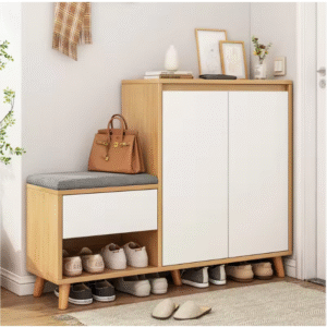 modern entryway furniture with slim white shoe cabinet, bench shoe rack and wall hooks in a small hallway