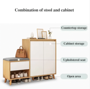 Two-tone entryway furniture shoe cabinet with bench and open shoe rack shelf