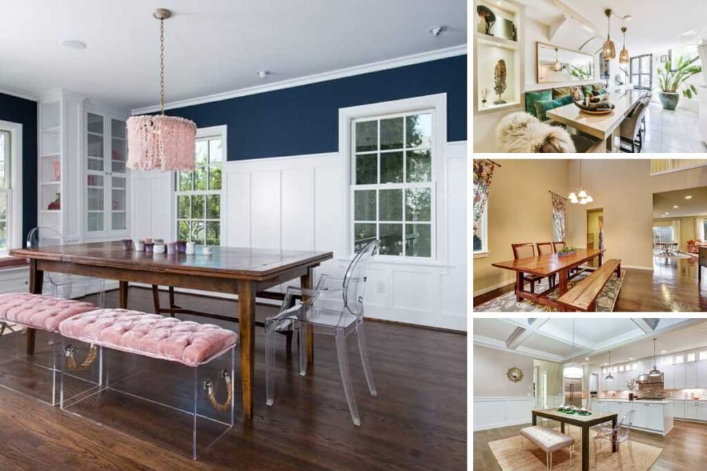 dining room with a wall bench on one side of the table and mixed chairs on the other side