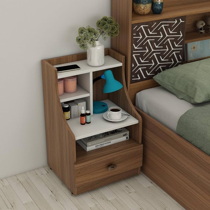 modern engineered wood nightstand with storage, designed for apartment bedrooms