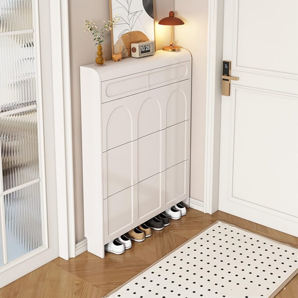 thin shoe cabinet for narrow entryway，Slim white shoe cabinet with four flip-down doors for narrow entryway storage, modern hallway furniture setup