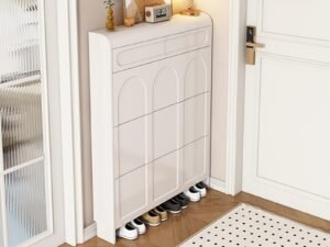 Slim white shoe cabinet with four flip-down doors for narrow entryway storage, modern hallway furniture setup
