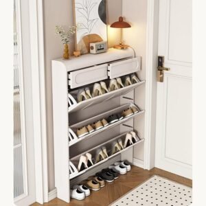 Hidden shoe cabinet doors for clutter-free entryway furniture organization
