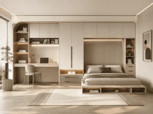 Bed wardrobe desk combo with integrated storage for a compact bedroom