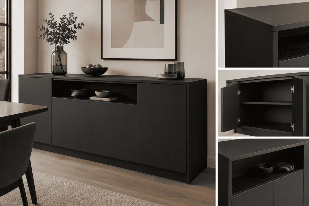 Black sideboard cabinet in a contemporary dining room setting