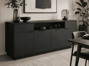 Black buffet sideboard cabinet with open shelf in a modern dining room