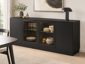 Black sideboard with glass doors and display shelves in a modern dining room