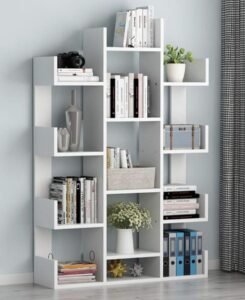 Asymmetric modular bookcase with open book shelving in white