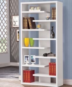 Modern bookcase with staggered book shelf compartments for home office