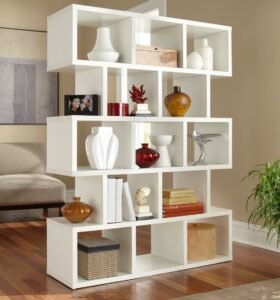 Close-up of white book shelving panels and edge banding detail