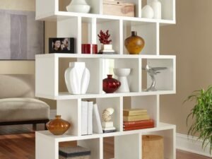 Room divider cube bookcase with open book shelving in white