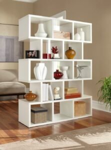 Modern white open bookcase room divider with geometric cube compartments for books and décor