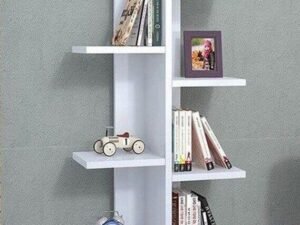 White tree bookcase with vertical book shelving for small spaces