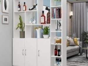 Storage bookcase room divider with cabinet doors and open book shelving