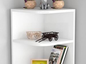 White curved corner bookcase with open book shelving