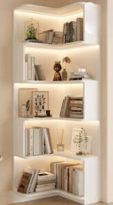 Lighted corner book shelf tiers showing warm LED display lighting