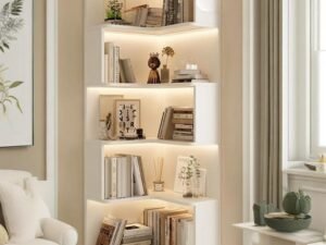 LED corner bookcase with lighted book shelving in white