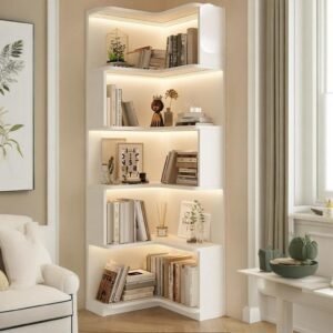 LED corner bookcase with lighted book shelving in white